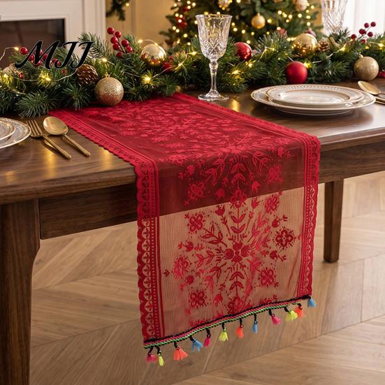 Holiday Table Runner Christmas Lace with Tassels, Sheer Embroidery Snowflake Sleigh Xmas Tablecloth, Cover for Parties Dining Room Decor Entryway