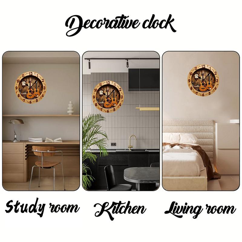 2D Flat Guitar & Music Wooden Round Silent Hanging Wall Clock, For Living Room, Office, Study Room, Bedroom, Home Decoration.