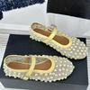 Fashion Pearl Flat Bottomed Comfortable Ballet Dancing Sandals Hollow Out Round Head Buckle Commuting Leisure Mary Jane Single Shoes