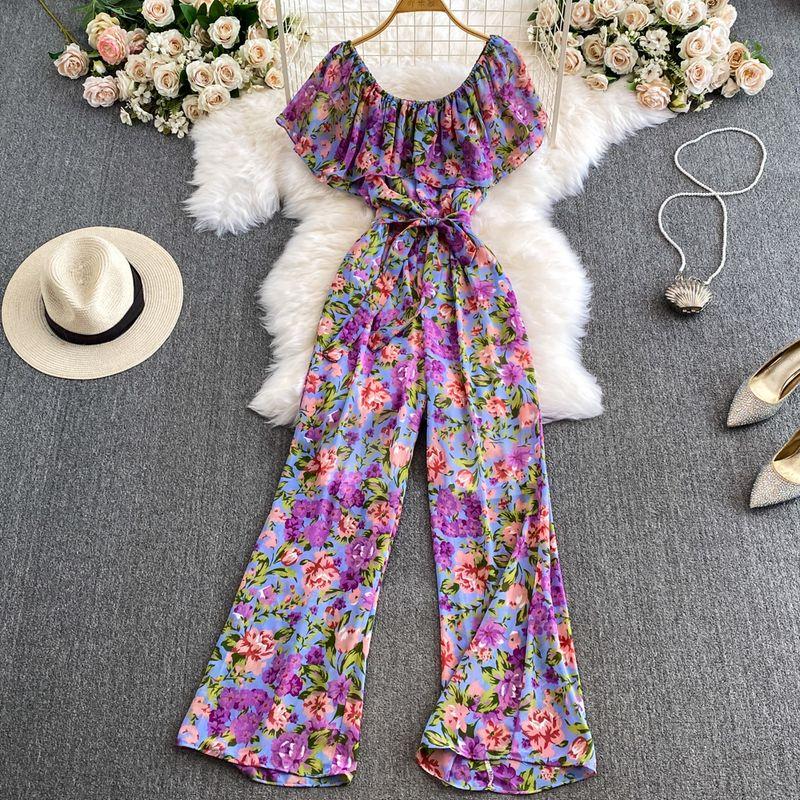 Women's Floral Loose Pants Jumpsuit Summer High Waist Waist-Tight Slimming Flounce off-Shoulder Jumpsuit Short Sleeve