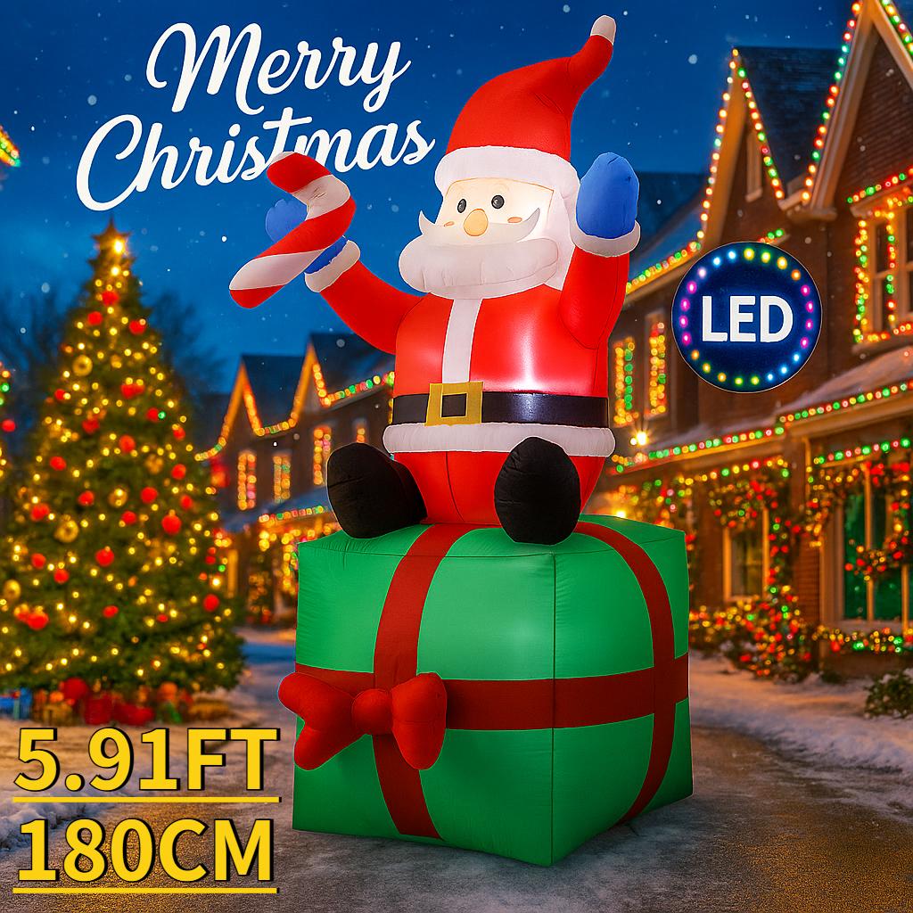

5.91FT Рождественские надувные игрушки со светодиодной подсветкой Санта Клаус Подарочная коробка Принадлежности Домашние украшения Праздничный подарок Рождественские украшения для двора EU
