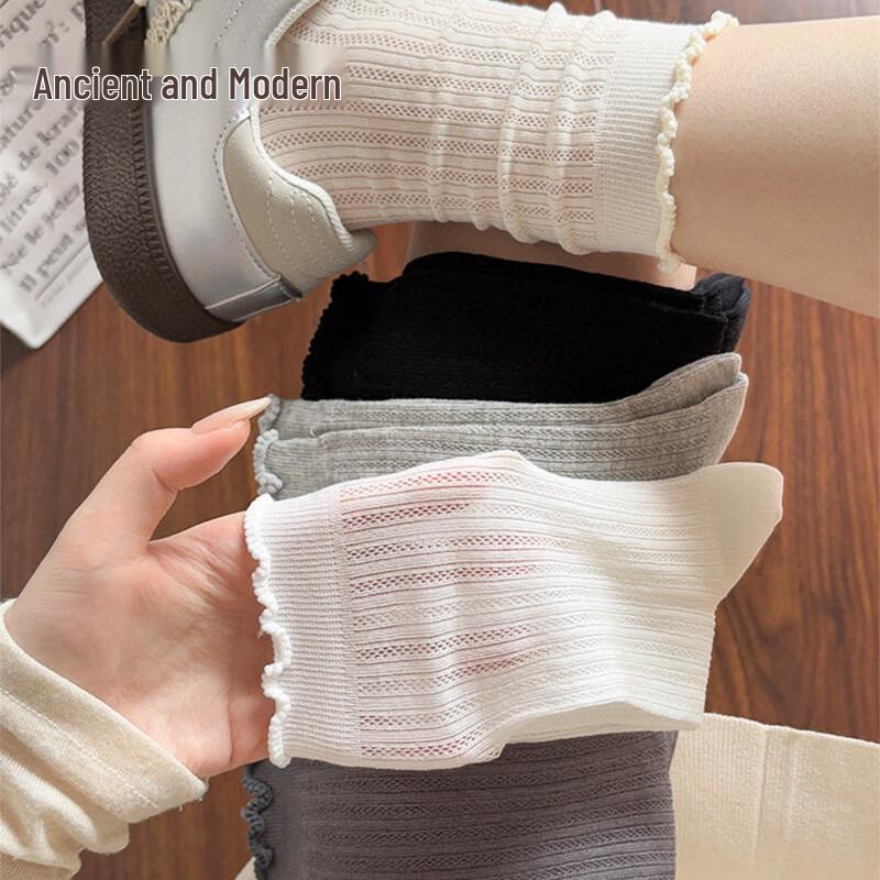 GUJIN Women s Spring/Summer Pure Cotton Thin Lace Mesh Mid-Calf Slouch Socks (4-Pack) One Size