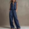 Women Sleeveless Stand Collar Front Zipper Pocket Drawstring Waist Wide Leg Set