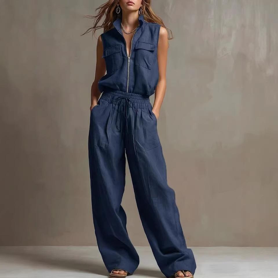 Women Sleeveless Stand Collar Front Zipper Pocket Drawstring Waist Wide Leg Set