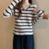 New Base Layer for Women's Spring and Autumn Design, V-neck Sweater, Striped Long-sleeved Knitted Sweater Top