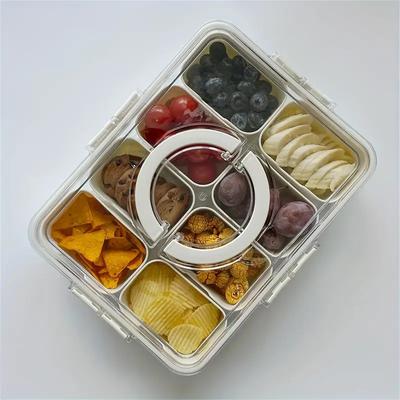 BPA-Free Portable 8-Compartment Serving Tray Storage Box with Lid and Handle Clear Organizer for Snacks Fruits and Seasoning