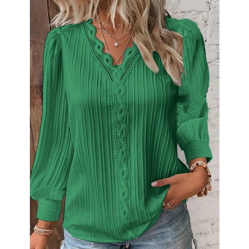 2023 Bluză cu mânecă lungă din dantelă cu decolteu în V Toamnă pentru femei Cămașă simplă din dantelă scobită pentru dama Topuri lejer casual Mujer 30479