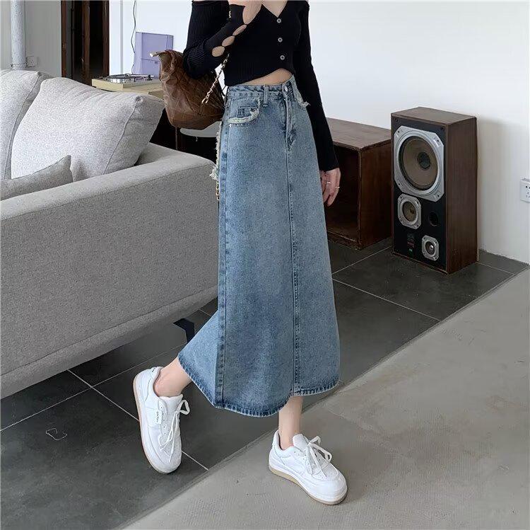 2025 Women's Retro Frayed Denim Midi Skirt: Korean Style Summer Trend