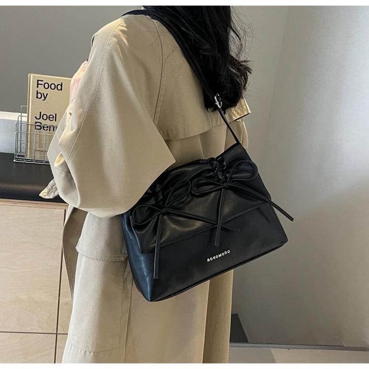 Women Bowknot Pu Shoulder Bag Large Capacity Bag With Adjustable Shoulder Strap Shopping Bag Stylish Fashion Solid Color Handbag