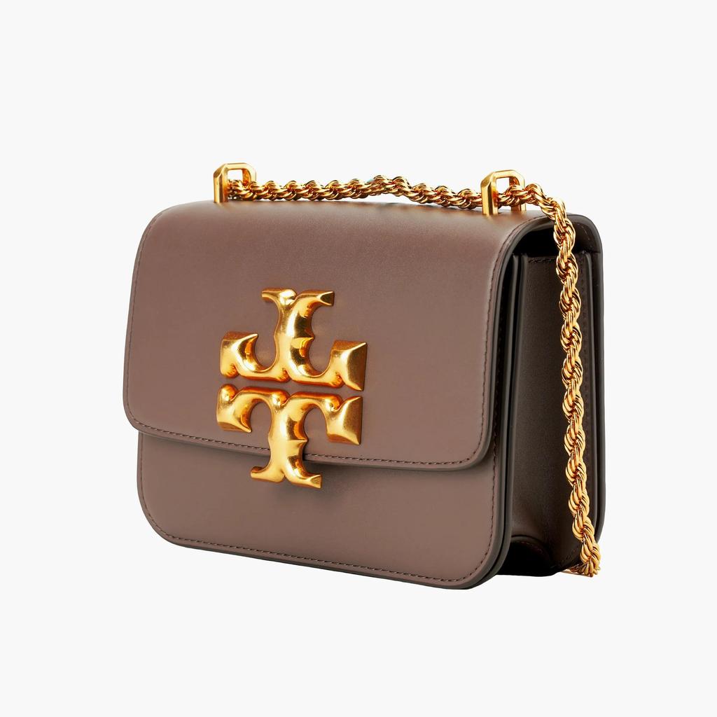 Tory Burch TB Eleanor Leder Matt Klapptasche mit Doppel-T-Logo Einzelne Schulter Crossbody Kordelzug Kette Kleine Quadratische Tasche Damen Klein Braun