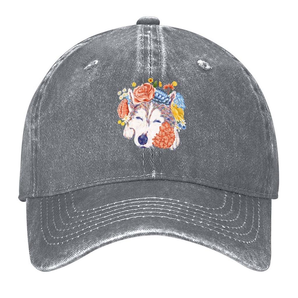 2026 Colored Pencil Husky Dog Flower Crown Baseball Cap Cute Derby Hat Black Big Size Hat Women's Golf Clothing Men's