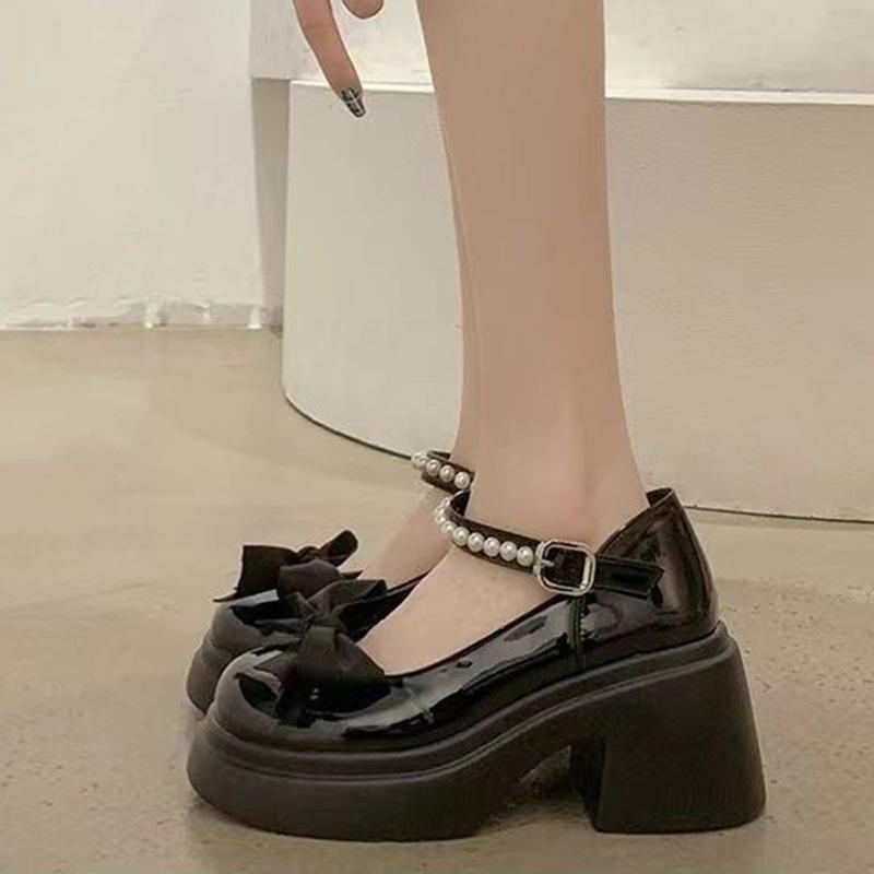Fashion Classic Round-Toe Mary Jane Pumps French Style Butterfly Knot with Pearl Embellishments and Thick Sole Solid Colors Versatile
