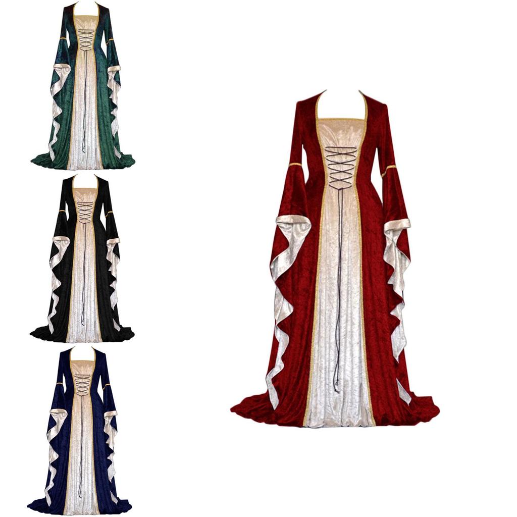 Exquisite Long Sleeve Floor Length Renaissance Dress With Ribbon Decoration For Cosplay