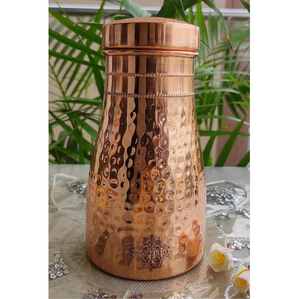 Wasserflasche aus reinem Kupfer für das Schlafzimmer mit eingebautem Glas, gehämmertes Glanzdesign, Trinkgeschirr und Aufbewahrungszweck, 1000 ml (Packung mit 1)