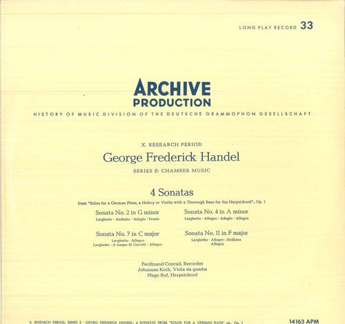 LP Record FERDINANDO CONRAD, JOHANNES KOCH, H - Handel 4 Sonaten 14163APM ARCHIV PRODUKTI 1961 Germany Classical Used
