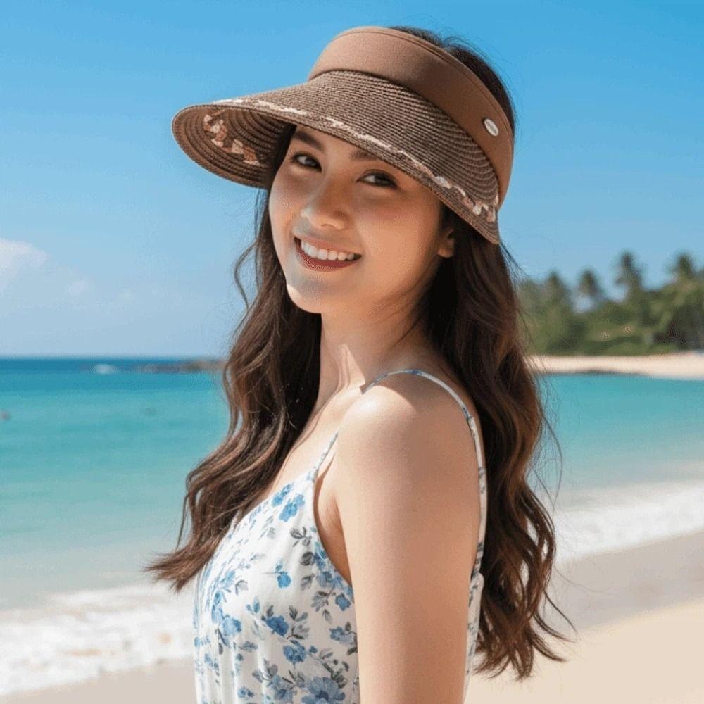 Women Portable Straw Visor Cap Solid Color Breathable Sunscreen Empty Top Hat Versatile Polyester Wide Brim Woven Cap Sport