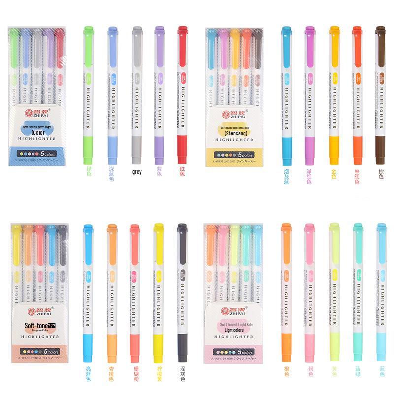 Zhi 618 Student Dual-Tip Fluorescent Pen - Gray, Soft Light & Dark Retro Colors for Highlighting & Marking