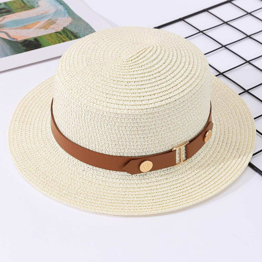 French British Belt Summer Flat Top Hat Women's Big Head Waist Beach Top Hat Beach Holiday Sunshade Sunscreen Straw Hat