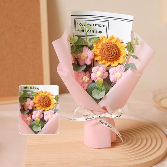 Háčkovaná Kytice Květin s LED Světlem DIY Ručně Pletený Slunečnicový Ozdoba Příze Květinová Dekorace Dárek ke Dni Matek Narozeninám