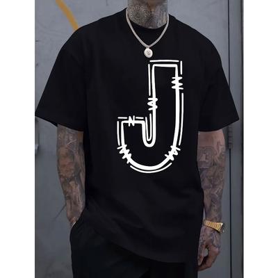 Europäische Größen Einfaches und stilvolles Herren-T-Shirt mit Rundhalsausschnitt, kurzärmelig, mit J-Buchstaben-Aufdruck, bequemes Sportoberteil, geeignet für Urlaub und Freizeit