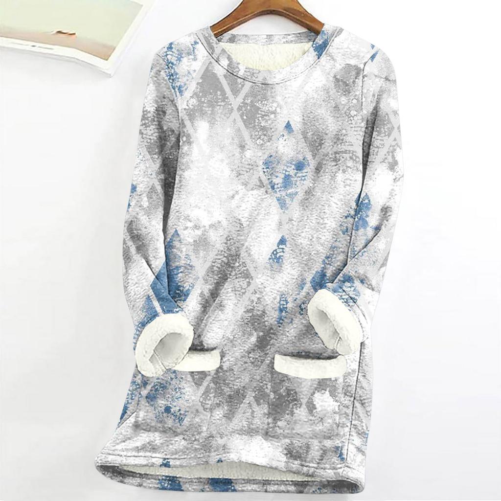 Dámský top s kulatým výstřihem s potiskem, zahuštěný plyšový kašmírový hřejivý dlouhý top