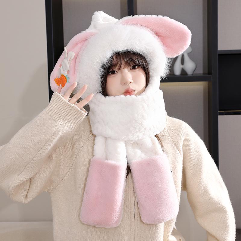 Women's Cozy Fox Ear Plush Hat with Integrated Scarf - Warm, Soft Lei Feng Design for Autumn and Winter. Perfect Ear Protection for Students.