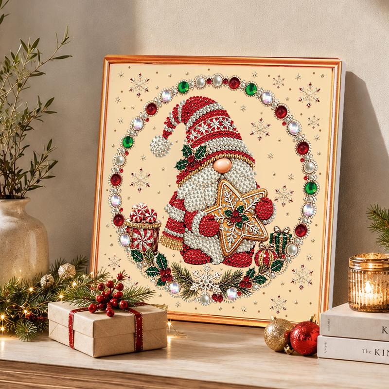 Christmas Gnome Pearl Diamond Painting Kit, PVC Beaded Mosaic Art with Tomte Gnome Star Cookie Candy Gift Box Holly Snowflake Gem Border Pattern, DIY