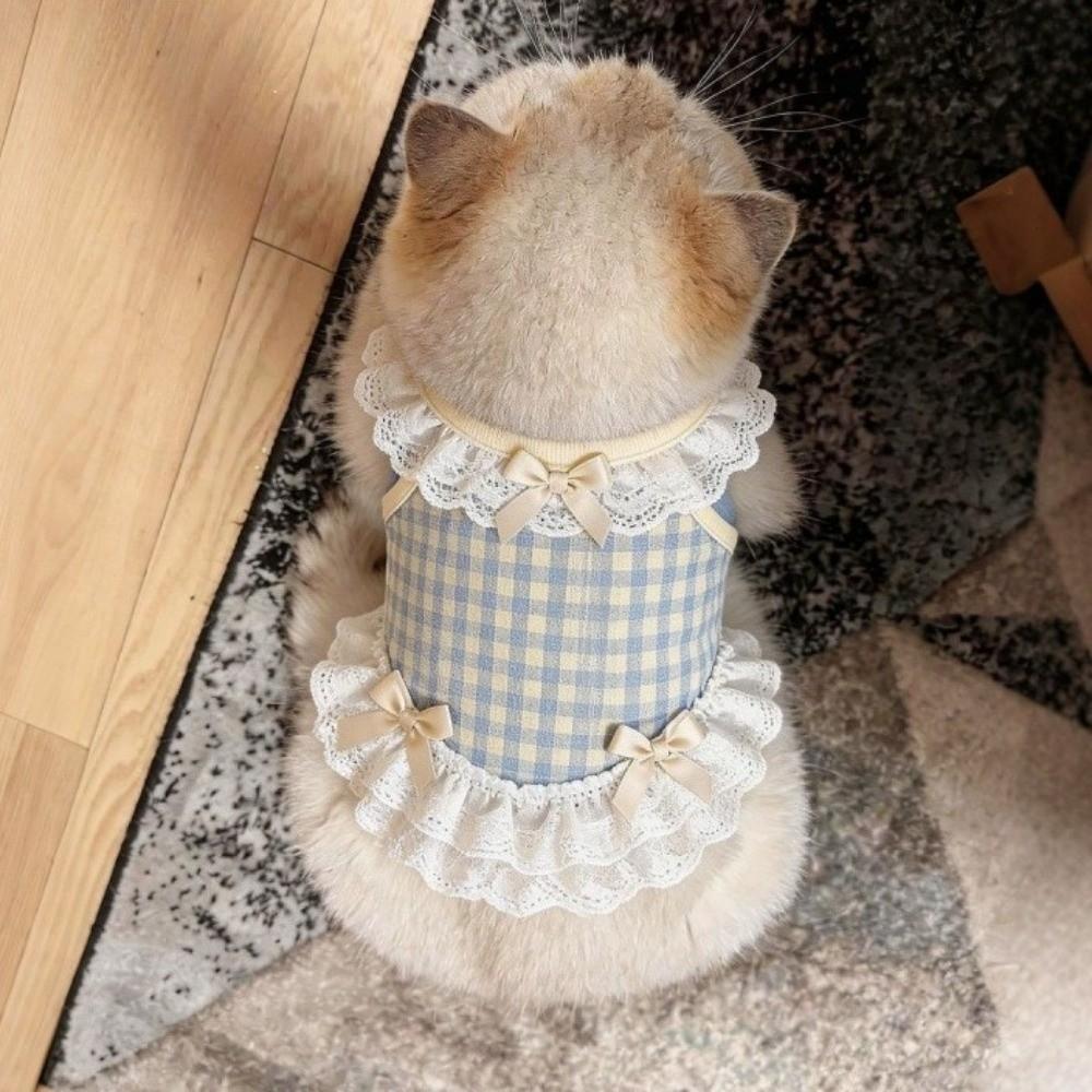 Breathable Pet Dog Vest Bow Lace Design Cat Checkered Clothes Pet Lace Skirt  Daily Wear