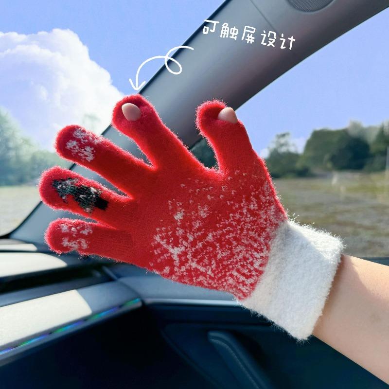 Gloves Cute Female Christmas Dew Finger Winter Festival Thickened Warm Knitted Plush Cold and Windproof Cycling Man