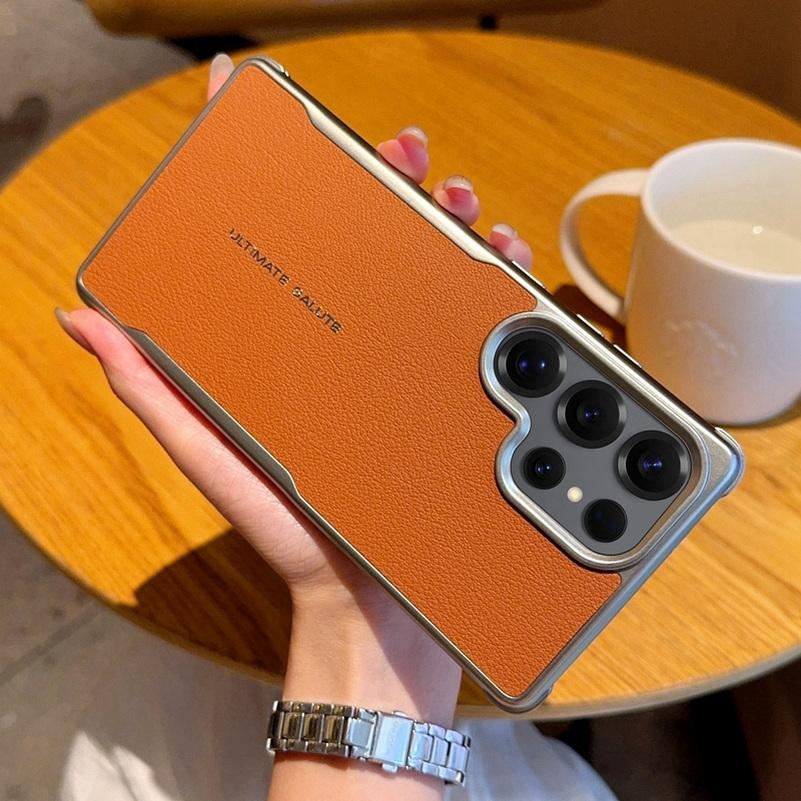 Plain Leather Magnetic Silver Bezel Lens To Heighten Case For Samsung S25 Ultra Galaxy S25 + S25 Camera Protection Cover