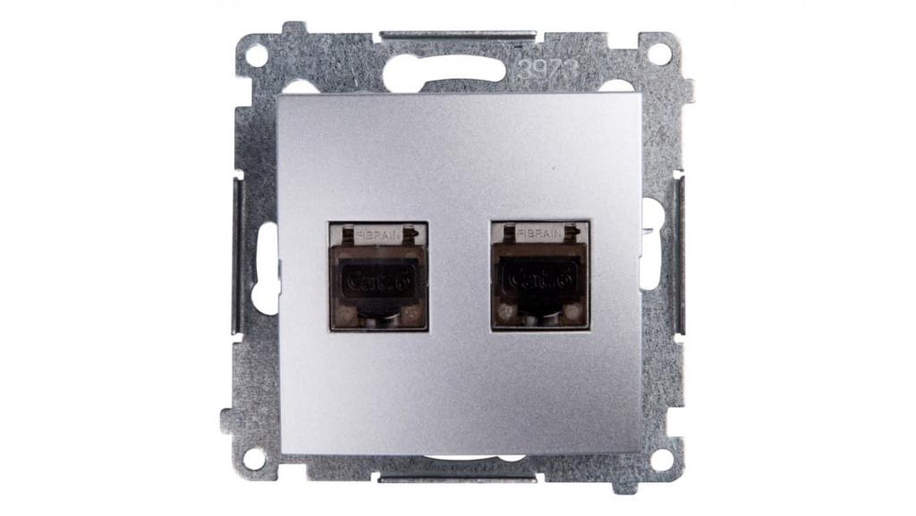 Simon 54 Computer Socket Double 2Xrj45 Cat.6 Shielded With Shutter Matt Silver D62E.01/43