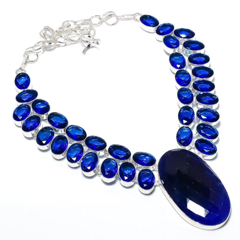 Sapphire(Simulated) Blue Topaz 925 Sterling Silver Jewelry Necklace 18" b5E72