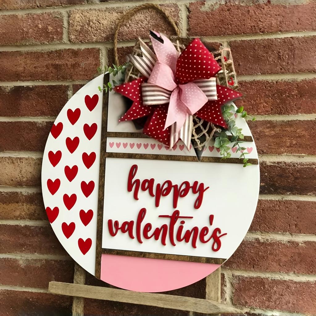 Charming 2D Valentine's Day Door Hanger - Round Wooden Wreath for Front Door, Perfect for Weddings & Engagements, Love-Themed Home Decor