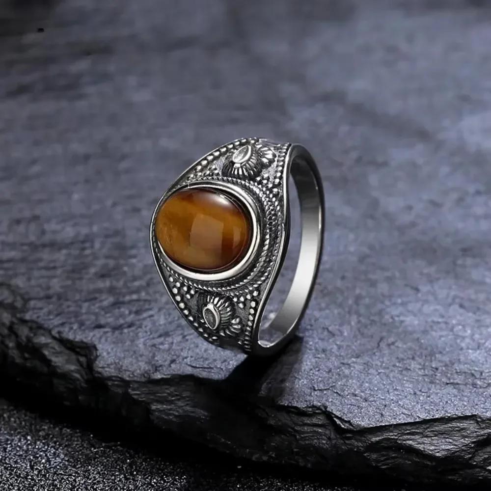 Copper CopperPlated Vintage Ring Oval 8x10MM Natural Tiger's Eye Stone Ring for Men Women Gift Luxury Rhodochrosite Jewelry