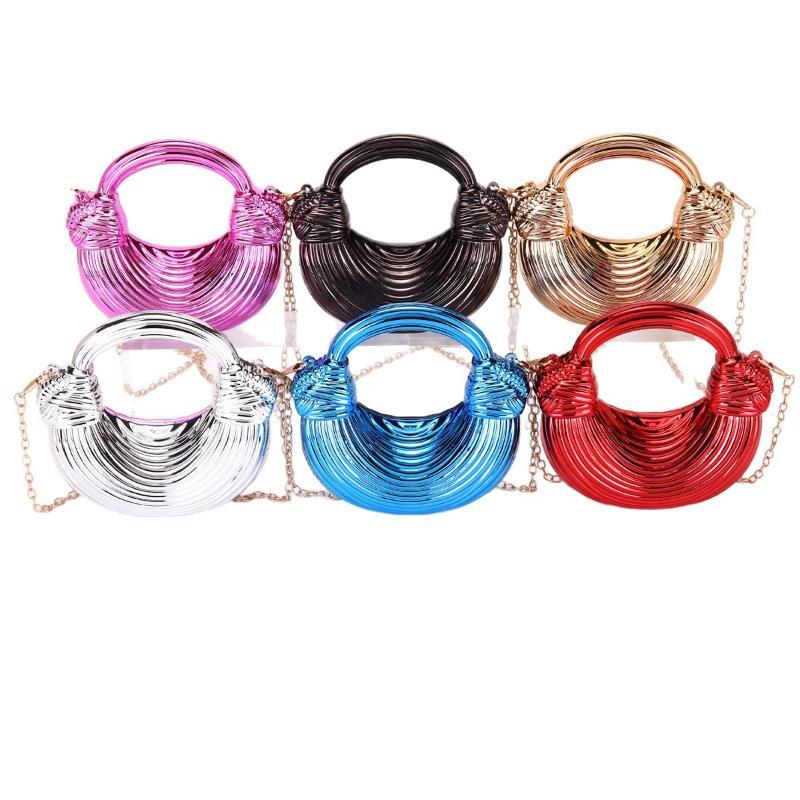 Metallic Crescent Clutch Bag Shiny Striped Design Detachable Chain Strap for Women Evening Wedding Cocktail Party