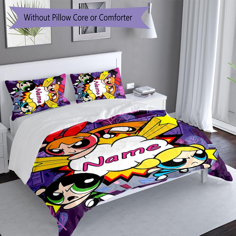3pcs Custom Name The Powerpuff Girls Bedding Set,Includes 1 Duvet Cover and 2 Pillowcases,All-season Bedroom Decor
