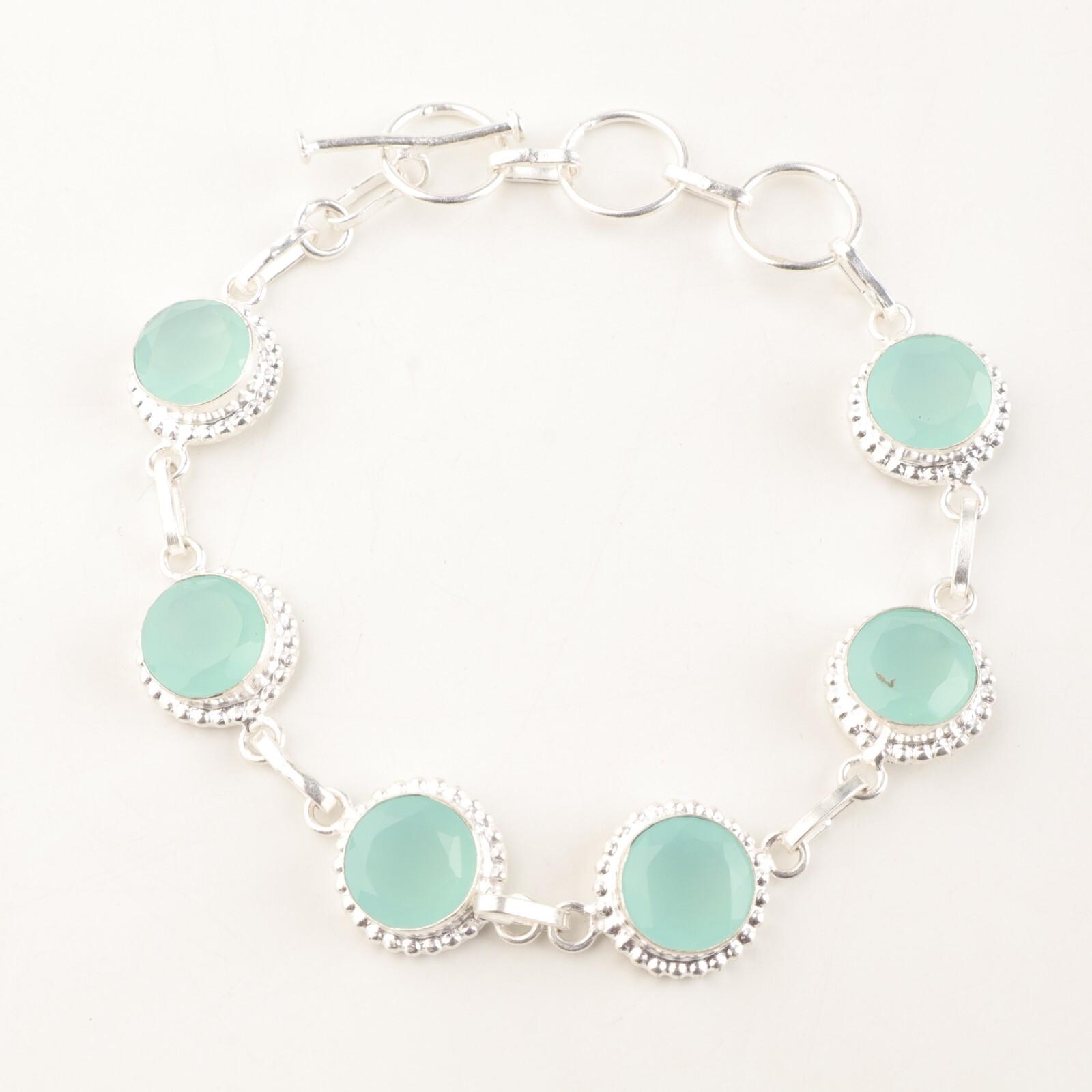 

Aqua Chalcedony Gemstone 925 Sterling Silver Gift Jewelry Handmade Bracelet 9 RB-9-12