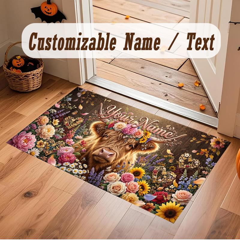 Highland Cow Theme Soft Crystal Velvet Rug Custom Name & Text Print Non Slip Floor Rug for Bedroom Living Room