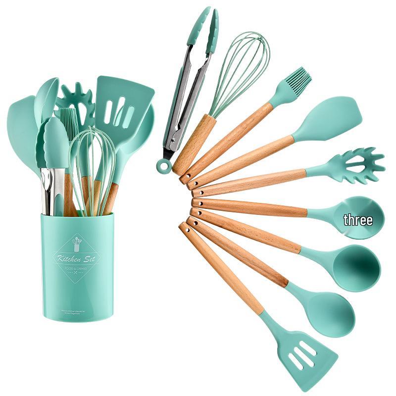 Conjunto Utensílios de Cozinha de Silicone Colorido de 11 Peças com Cabos de Madeira
