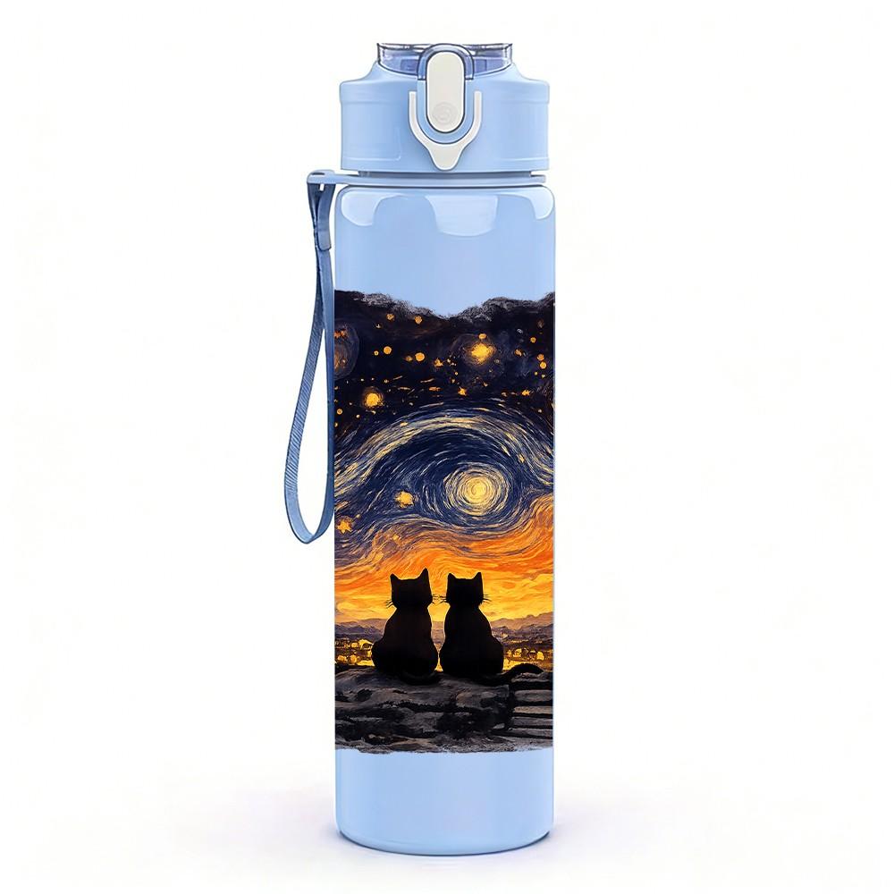 1PC Starry Night Mountain Sky Art Print 750ml Color Plastic Sports Water Bottle Leakproof Flip Straw Lid Suitable for Sports Office Home Use