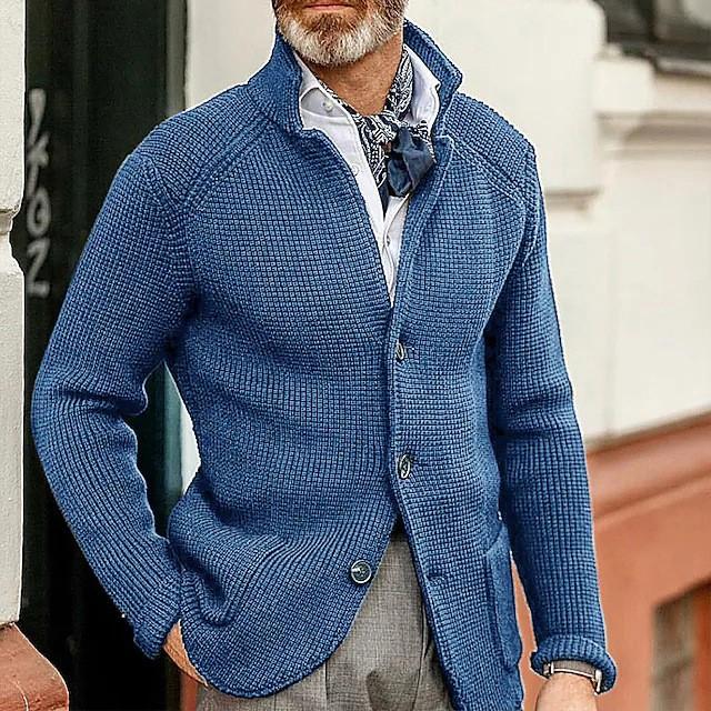 Stand Collar Men Cardigan Long Sleeve Pockets Thickened Cardigan Sweater Jackets Winter Solid Color Buttons Knitted Sweater Coat