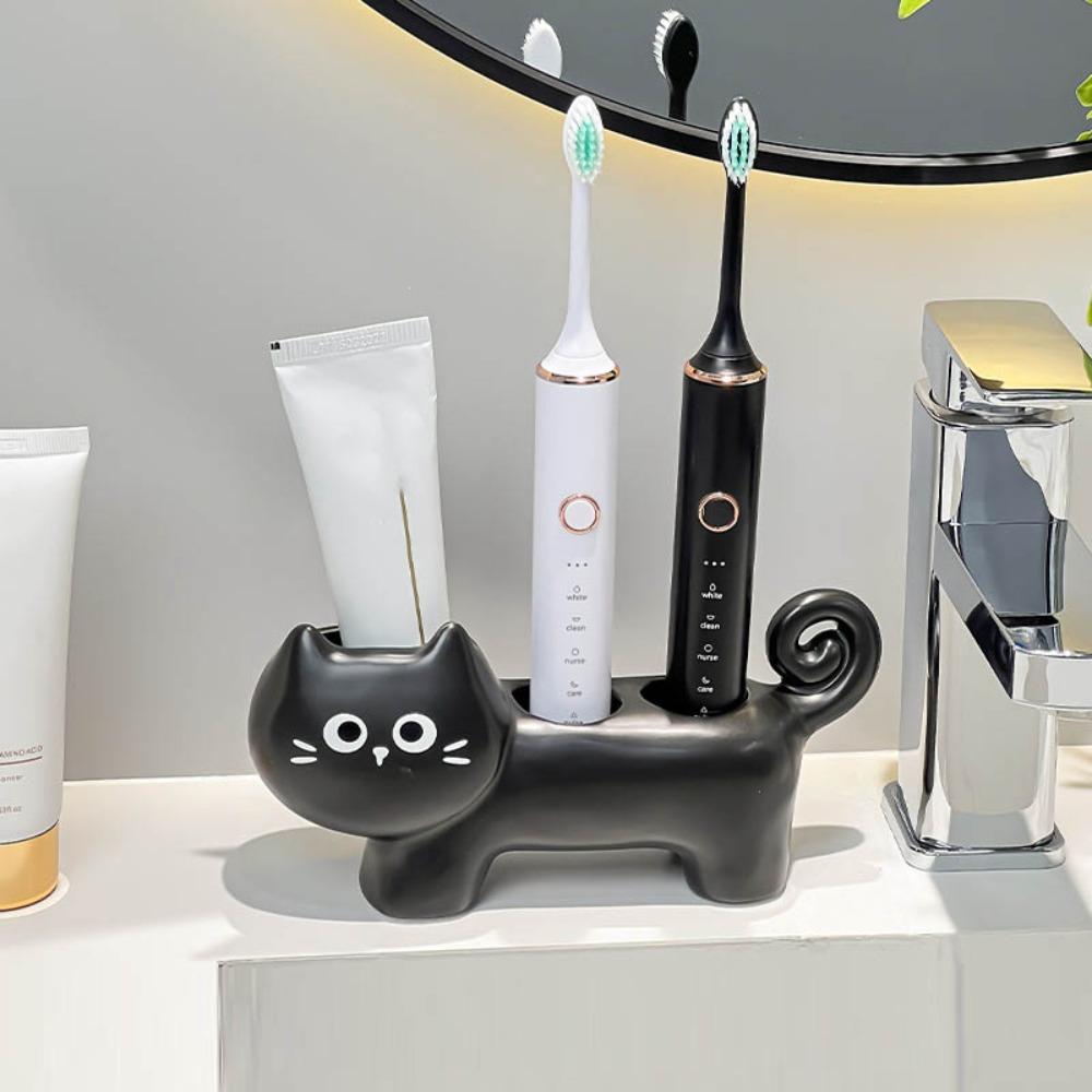 3 Holes Electric Toothbrush Stand Cartoon Cat Ceramics Toothbrush Base Durable Waterproof Toothbrush Storage Rack