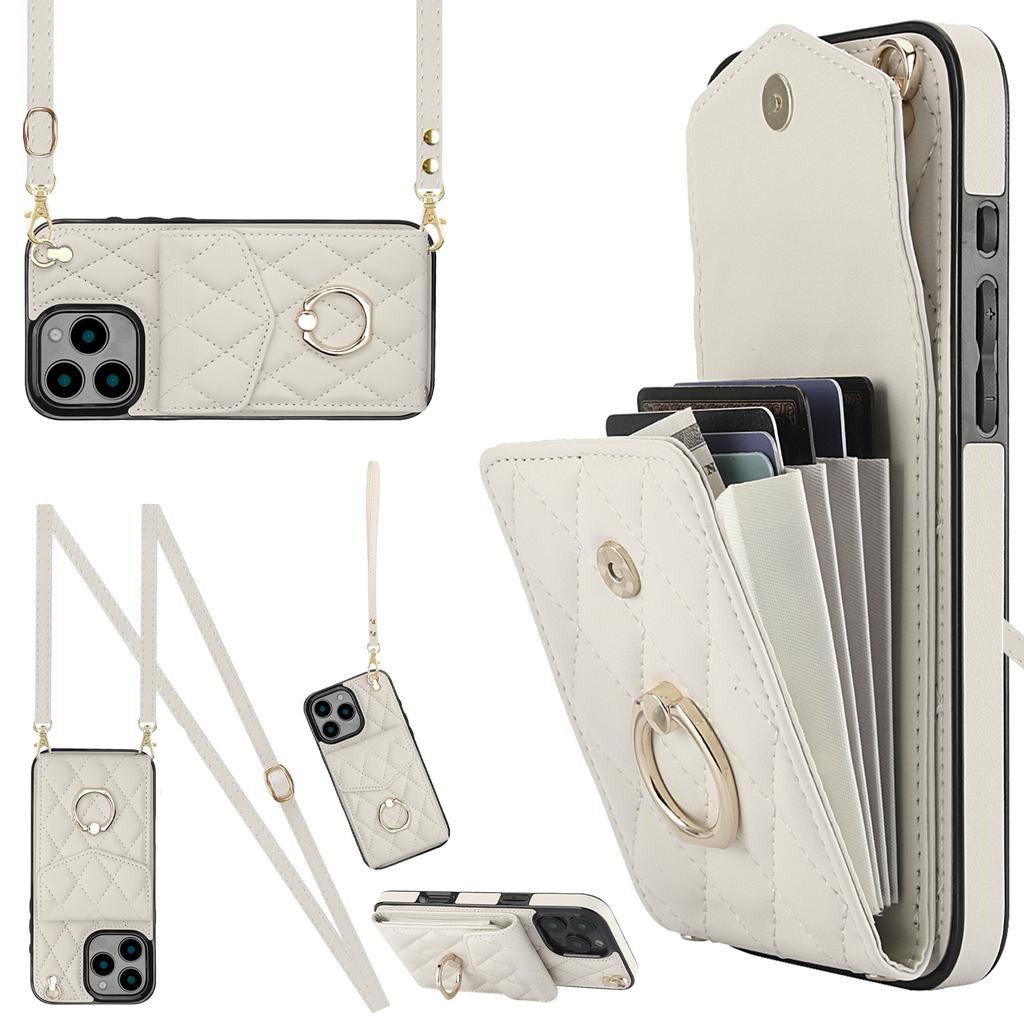 For iPhone 16 Pro Case Card Bag Leather+TPU Crossbody Phone Cover with Ring Kickstand