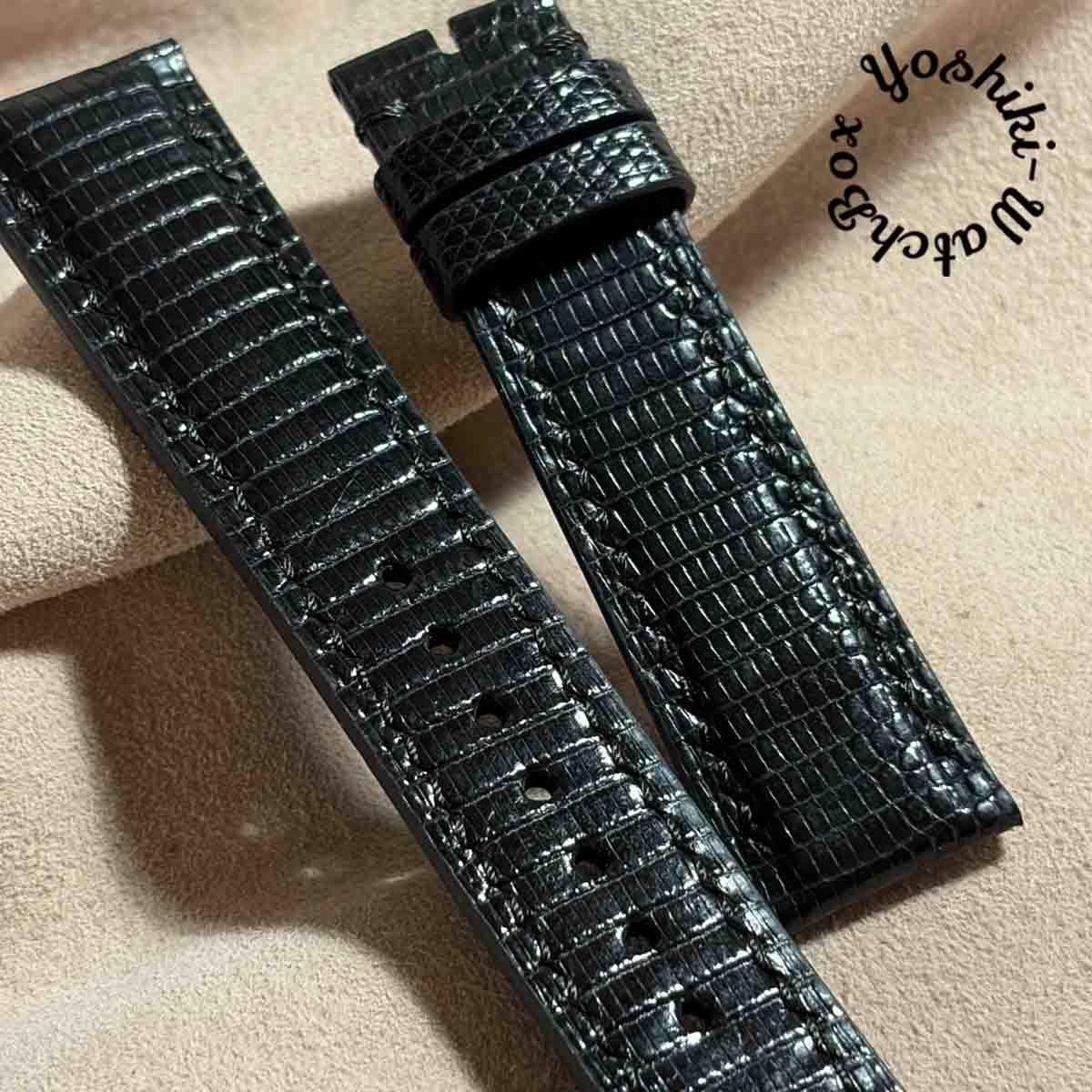 Used liz-373 Lizard Leather Watch Strap Black (Lug Width 20 mm - Buckle Width 18 mm)