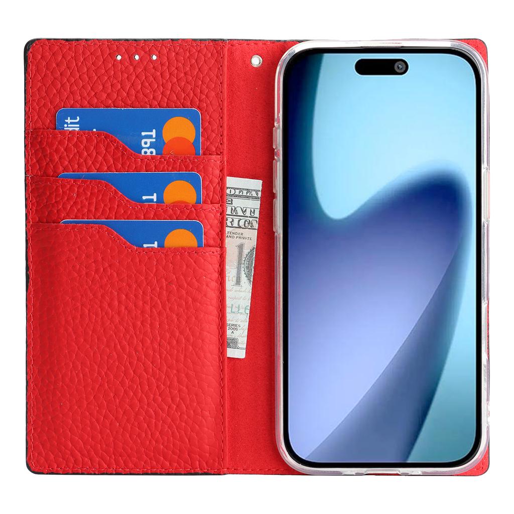 For iPhone Air Wallet Case Genuine Cow Leather Phone Cover Litchi Texture