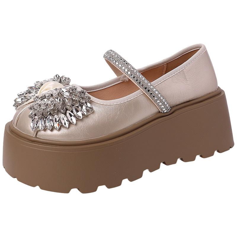Bow rhinestone one-word buckle Mary Jane shoes women's fashion platform casual height increase single shoes women's shoes