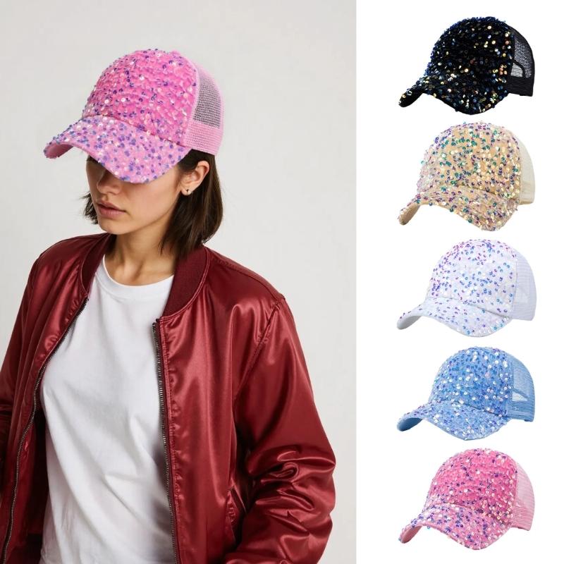 Eye-Catching Sequins Trucker Hat for Girls Women Adjustable Casual Hat for Outdoor Sequined Stylish Headwear