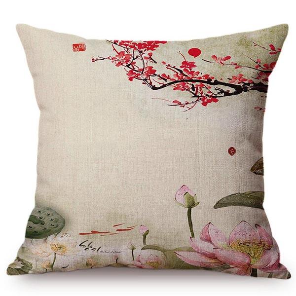 Chinese Style Vintage Ink Painting Lotus Pattern Throw Pillow Cover Classical Luxury Cushion Cover Sofa Decoration Pillowcase