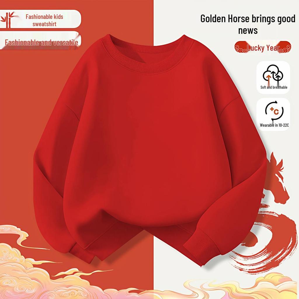 Kid's Fleece-Lined Hoodie for Autumn/Winter - Loose Round Neck, Year of the Horse Zodiac, Red, 2026 Collection