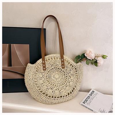 Versatile One Shoulder Round Straw Woven Bag Handmade Woven Bag Large Capacity Tote Bag Women's Bag Beach Vacation Bag